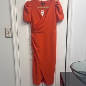 Express Orange Asymmetrical Wrap Midi Dress